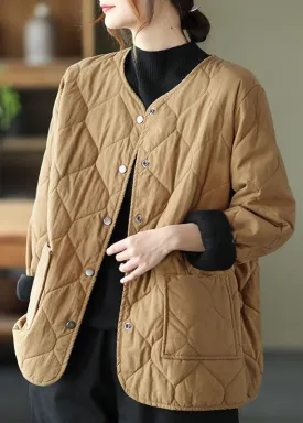 Hot Khaki O-Neck Pockets Button Winter Coats Parkas