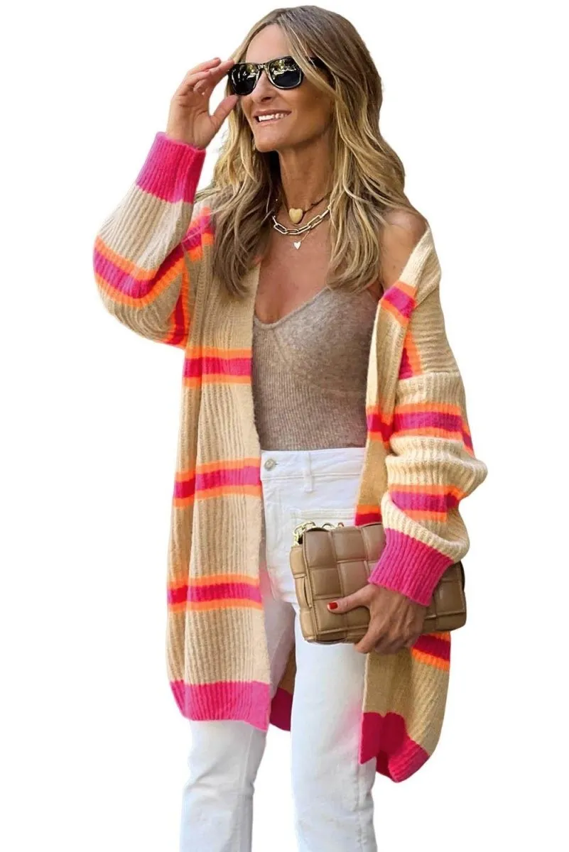 Hot Pink and Tan Stripe Long Knitted Cardigan