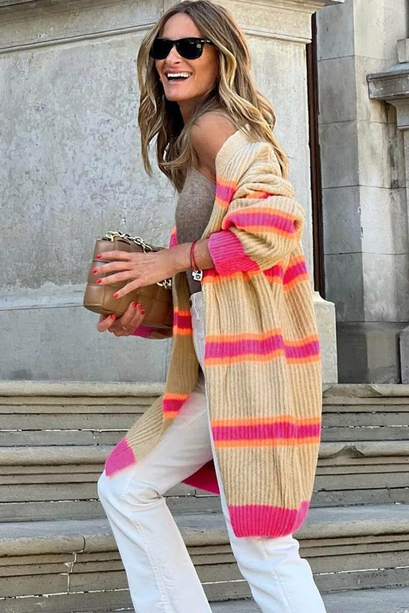 Hot Pink and Tan Stripe Long Knitted Cardigan