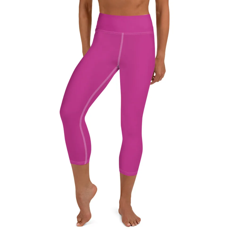 Hot Solid Pink Capris Tights, Solid Color Premium Women's Yoga Capri Leggings Pants- Made in USA/ EU