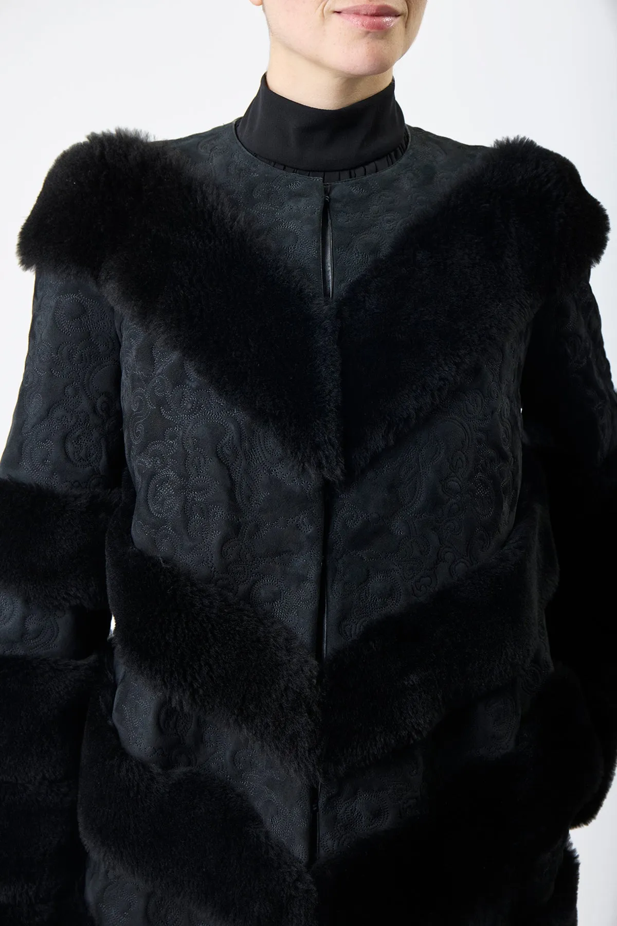 Hugh Embroidered Coat in Black Suede with Shearling