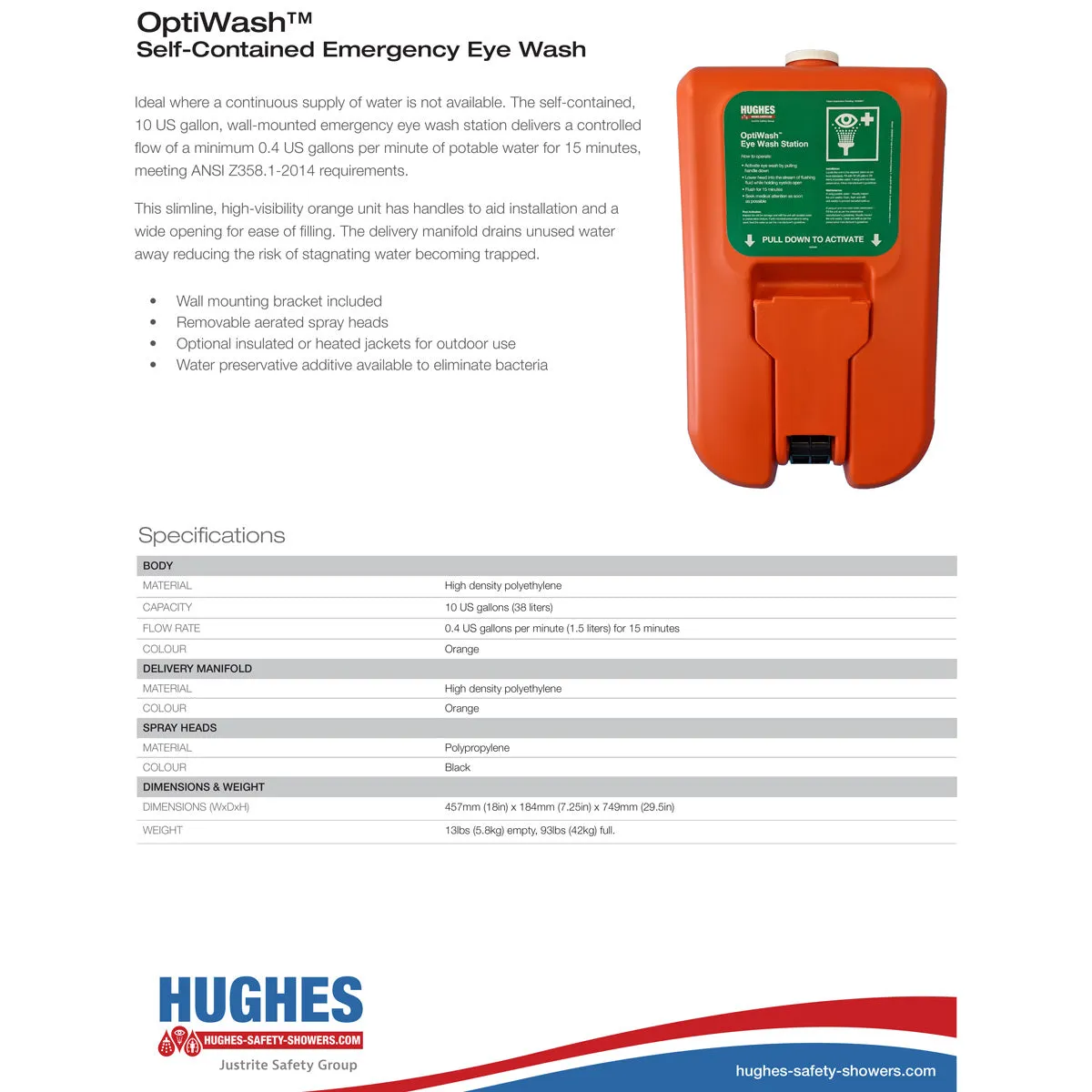 Hughes 10GFEW Self-Contained, Portable Eye Wash Station, Gravity-Fed, 10-Gallon