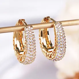 Huitan Hollow Gold Color Hoop Earrings for Women Paved Dazzling CZ Stone Luxury Trendy Female Circle Earrings Statement Jewelry