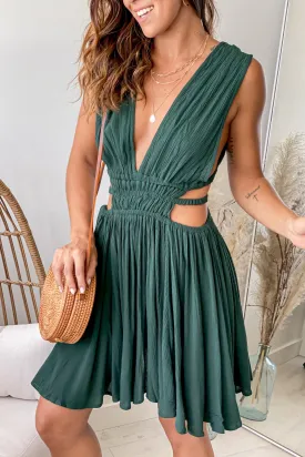 Hunter Green V-Neck Short Dress With Side Cutouts