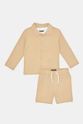 Infant Boys Beige Top And Bottom Set With T-Shirt  (3 Piece)