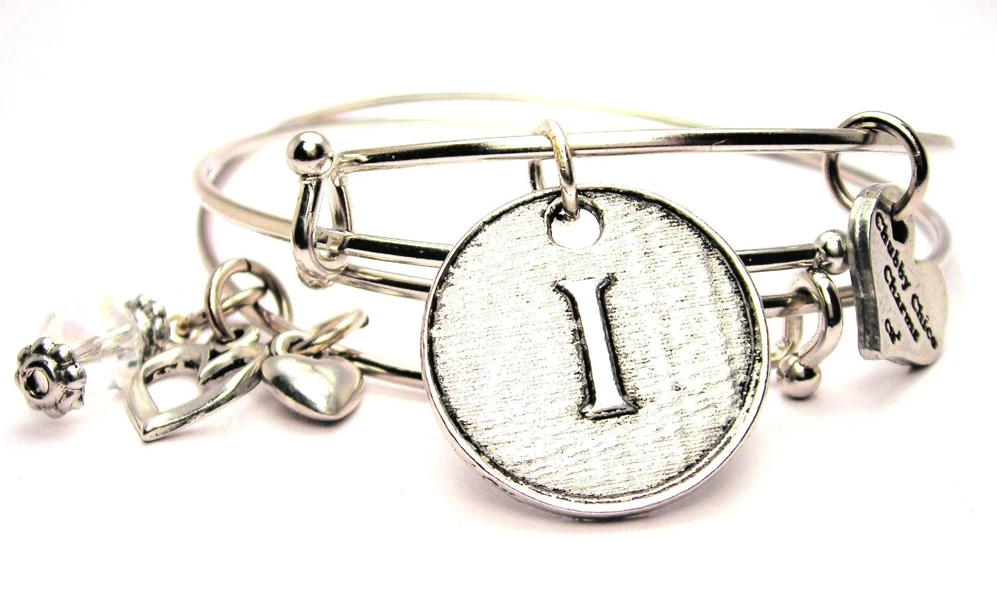 Initial I Circle Expandable Bangle Bracelet Set