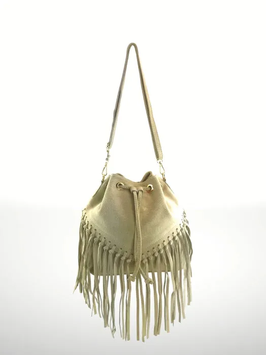 Italian Leather Bucket Fringe Shoulder Bag