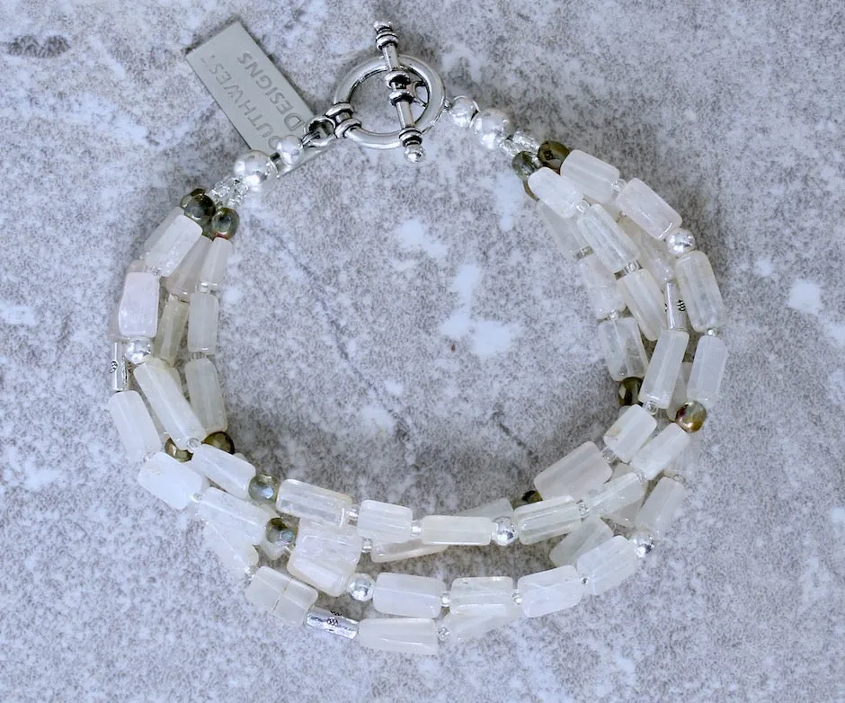 Ivory Glass Rectangles 4-Strand Bracelet with Golden Bronze Fire Polished Glass, and Sterling Silver Beads & Toggle Clasp