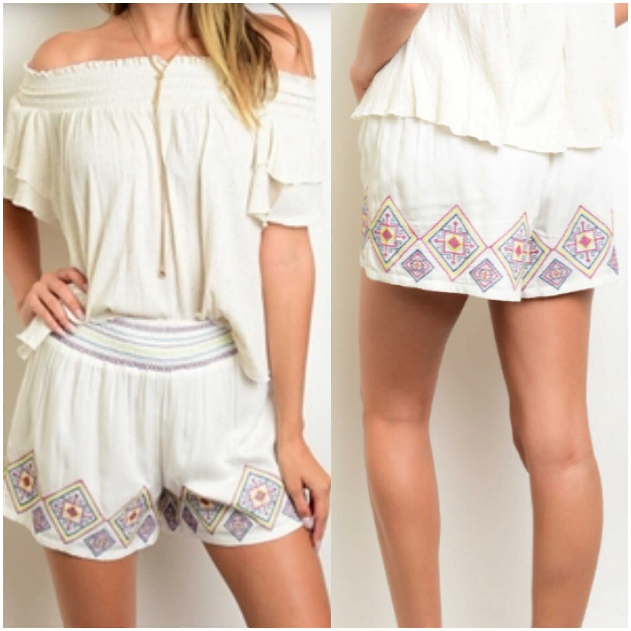 Ivory / Navy Embroidered Palazzo Aztec Shorts