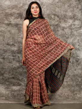 Ivory Red Black Blue Hand Block Printed Chiffon Saree with Zari Border - S031703214