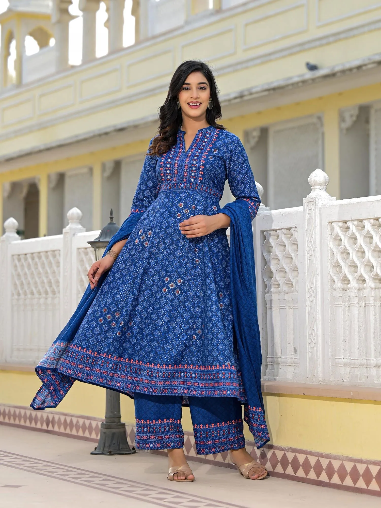 Jashvi Blue Ethnic Motif Printed Cotton Kurta, Pant And Dupatta Set With Mirror Work