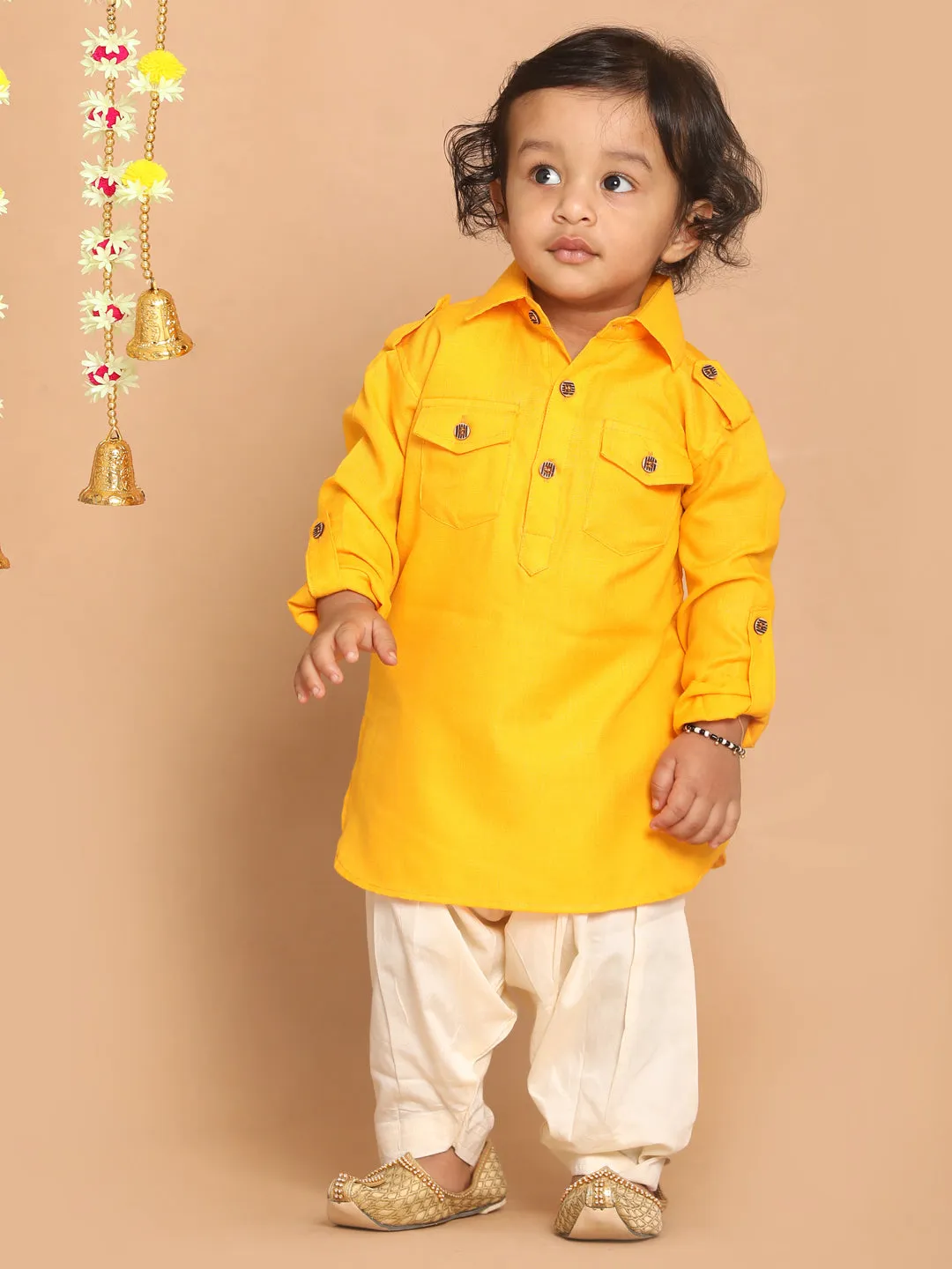 Jashvi Boy's Yellow Pathani Shape Kurta With Cream Patiala Set