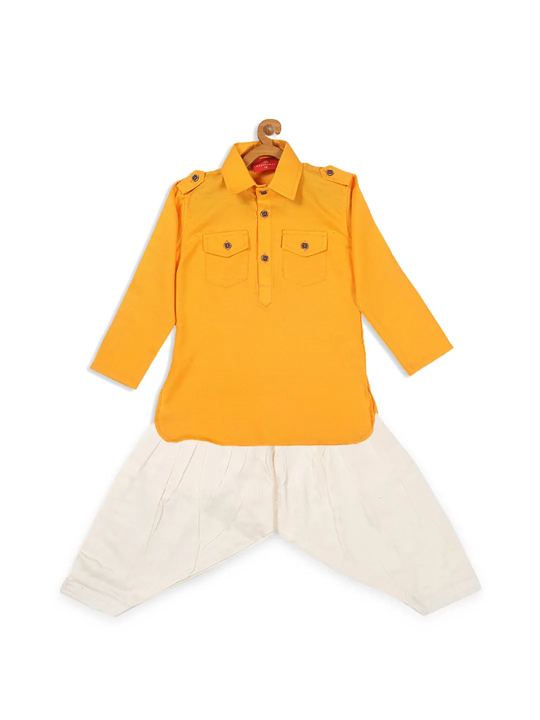 Jashvi Boy's Yellow Pathani Shape Kurta With Cream Patiala Set