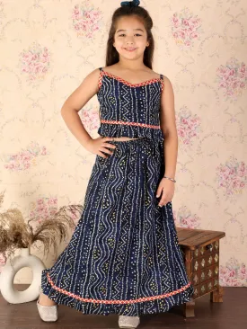 Jashvi Girl's Blue Bandhani Top And Long Skirt Set