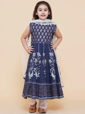 Jashvi Girls Blue Foil Printed Kurta With Trouser & With Duppta