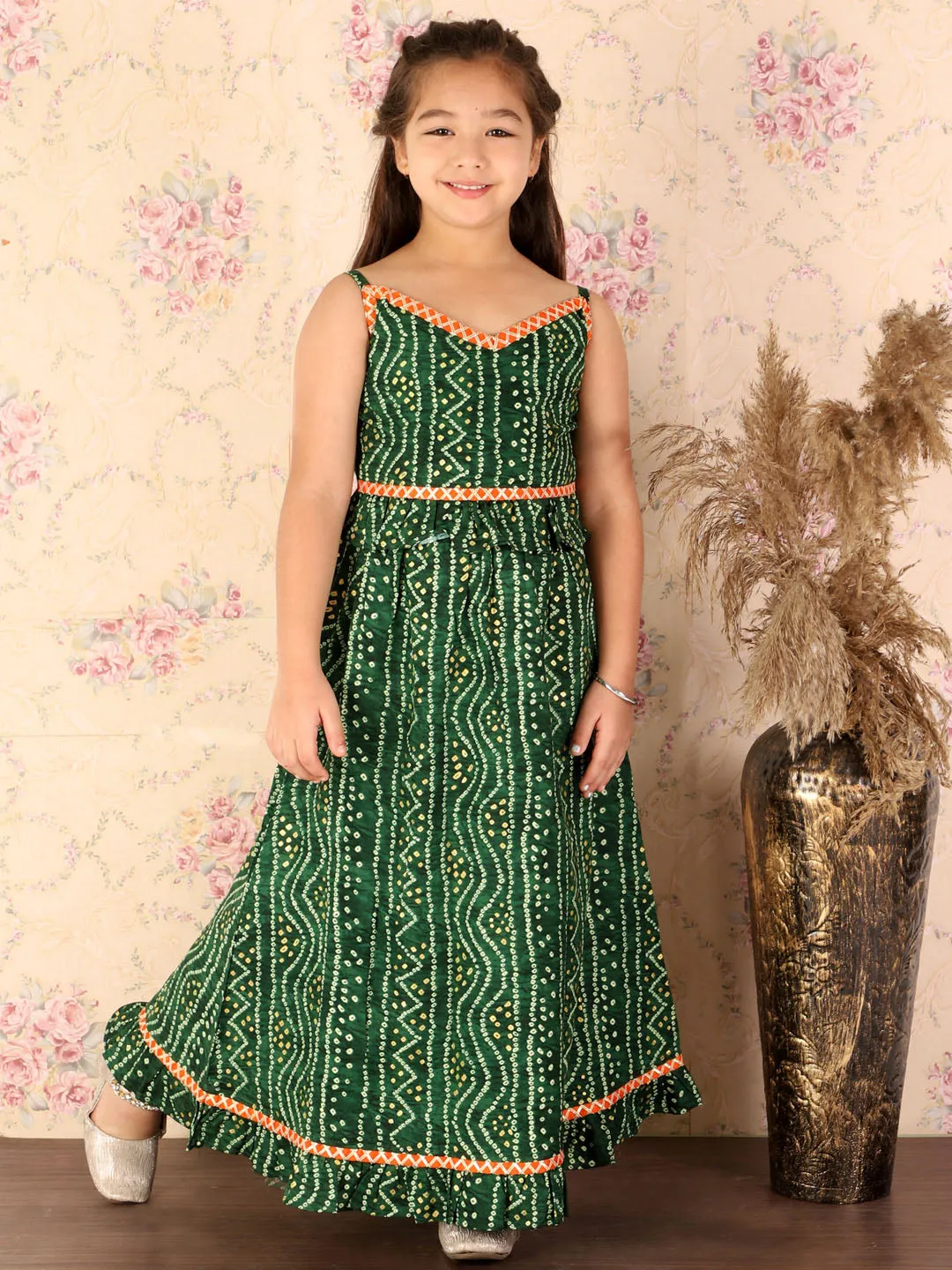 Jashvi Girl's Green Bandhani Top And Long Skirt Set