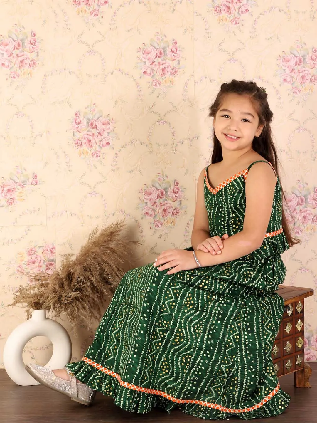 Jashvi Girl's Green Bandhani Top And Long Skirt Set