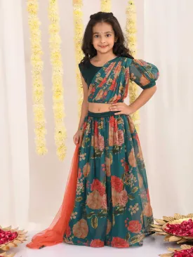 Jashvi Girls'  Green Printed Organza Lehenga With Dupatta Set