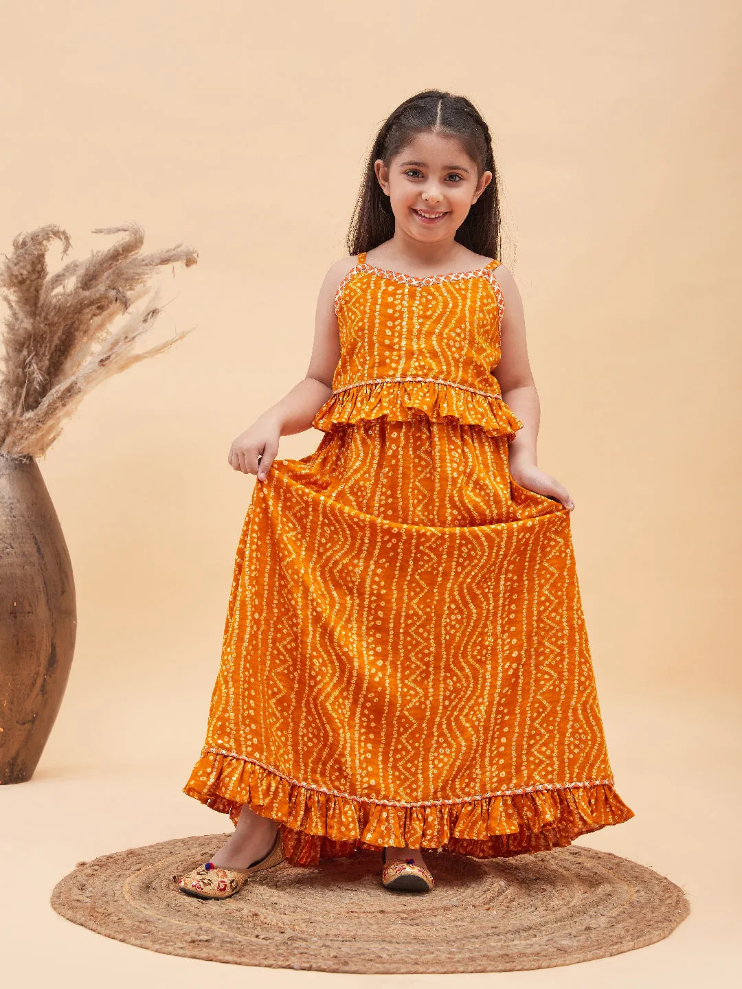 Jashvi Girl's Orange Bandhani Top And Long Skirt Set