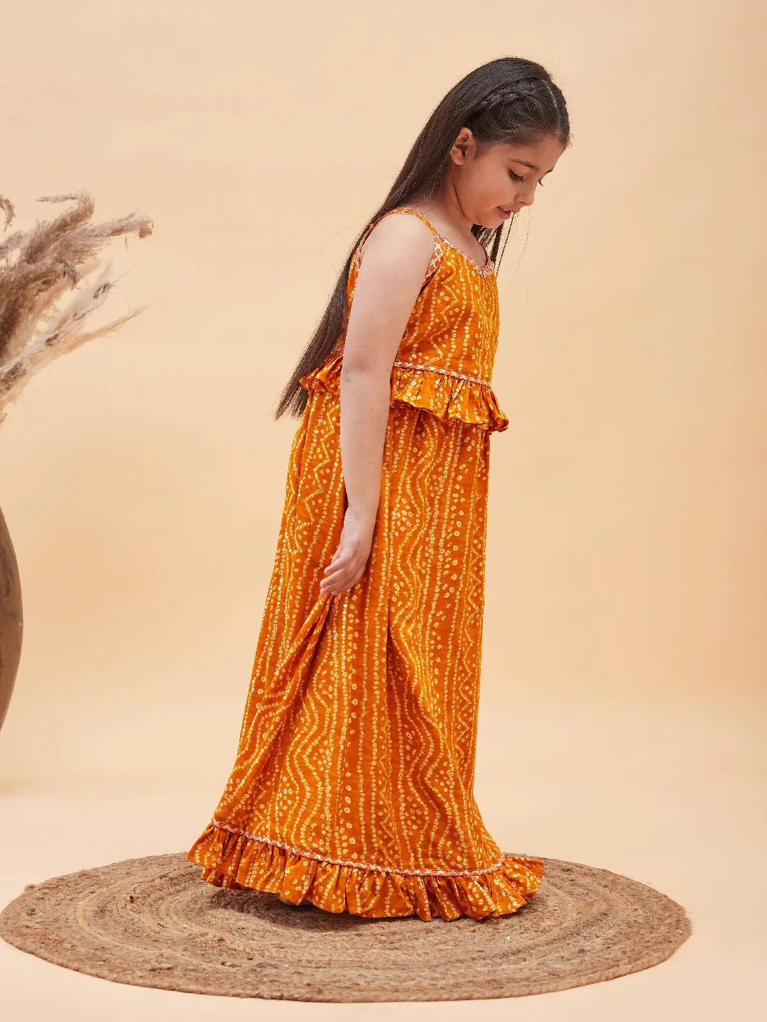 Jashvi Girl's Orange Bandhani Top And Long Skirt Set