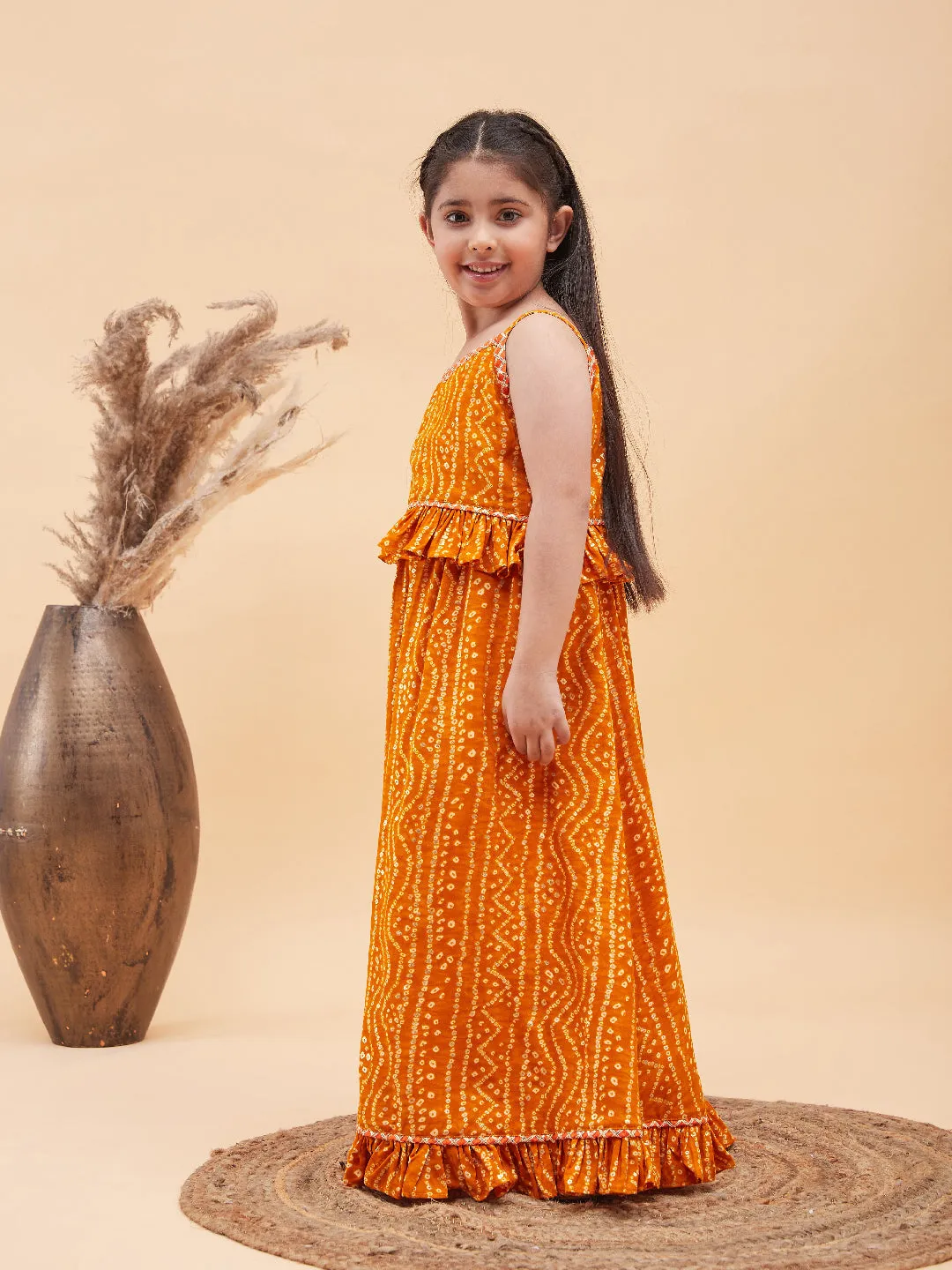 Jashvi Girl's Orange Bandhani Top And Long Skirt Set