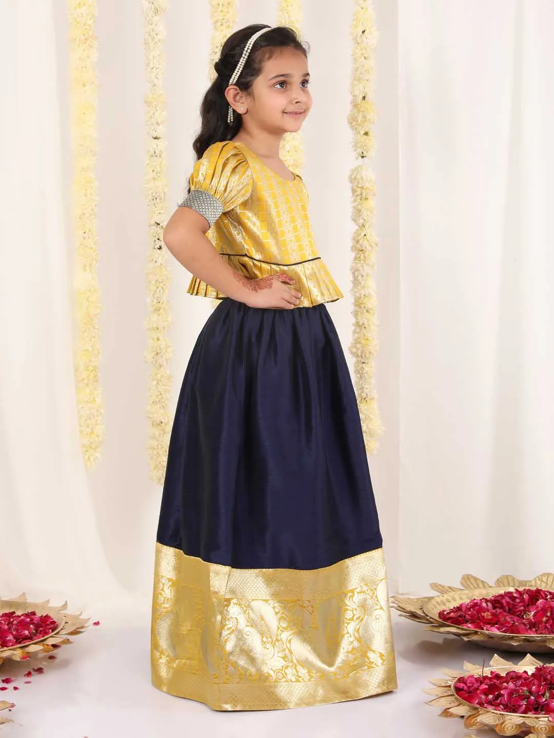 Jashvi Girl's Yellow And Blue Pavda Pattu Lehenga Choli Set