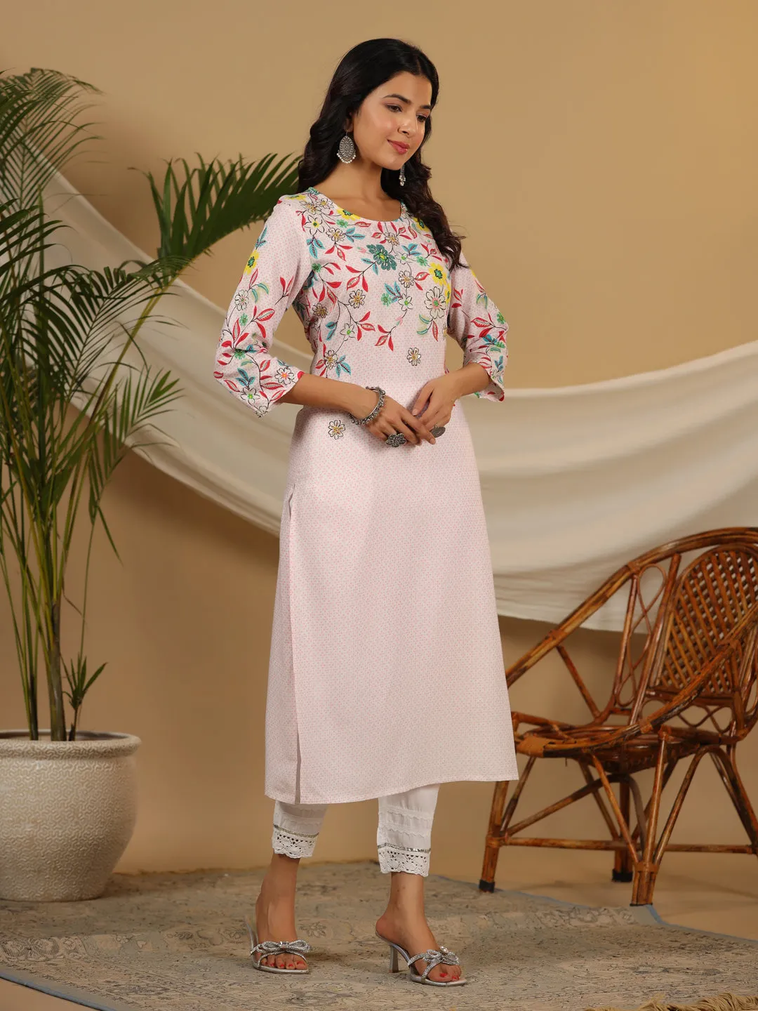 Jashvi Pink Floral Printed Rayon Kurta & Pant Set with Beads & Sequins Work