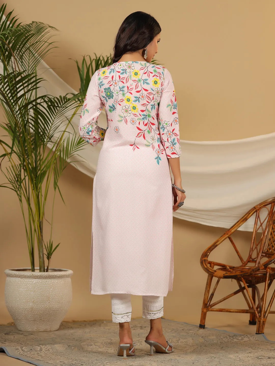 Jashvi Pink Floral Printed Rayon Kurta & Pant Set with Beads & Sequins Work