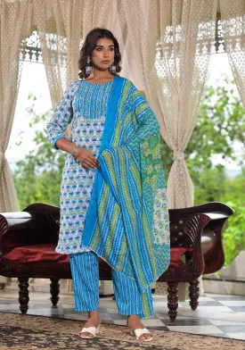 Jashvi Sky Blue Ethnic Motif Printed Cotton Kurta, Pant And Dupatta Set With Zari & Mirror Work