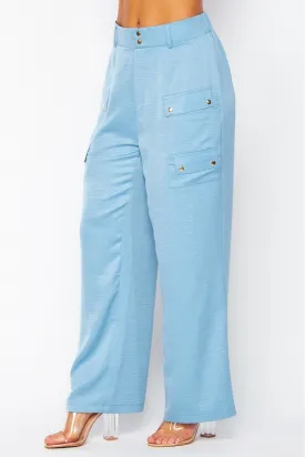 Jazzy Satin Blue Fairy Cargo Pocket Wide Leg Pants