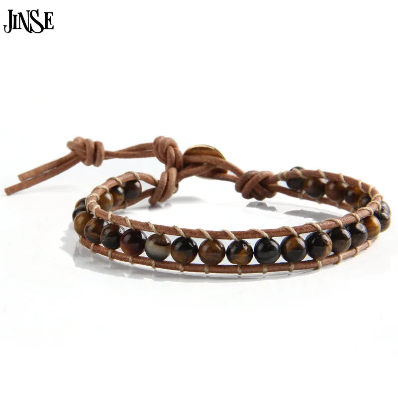 JINSE Leather Bracelet Men Women 1 Layer Natural Stone Bead Bracelets & Bangles Leather Beaded Bracelet With Real Leather Cord