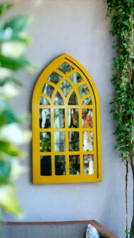 J.L.HOME DECOR Rustic Style Handmade Classic Arched Mirror Decorative Wall Mirror Frame for Living Room (76x50cm) Yellow