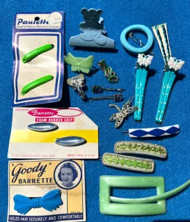 Job Lot of 21 Vintage Blue and Green Barrettes, Hair Clips and Pins