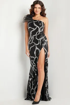 Jovani - 38377 - Black and Silver Sequin One-Shoulder Evening Dress