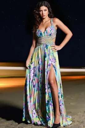 Jovani - 38733 - Floral Print Pleated Satin Gown