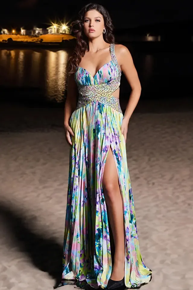 Jovani - 38733 - Floral Print Pleated Satin Gown