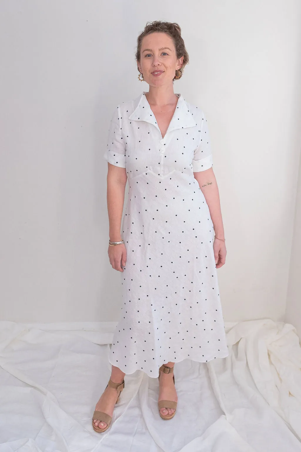 Julietta Dress - White   navy embroidered dots