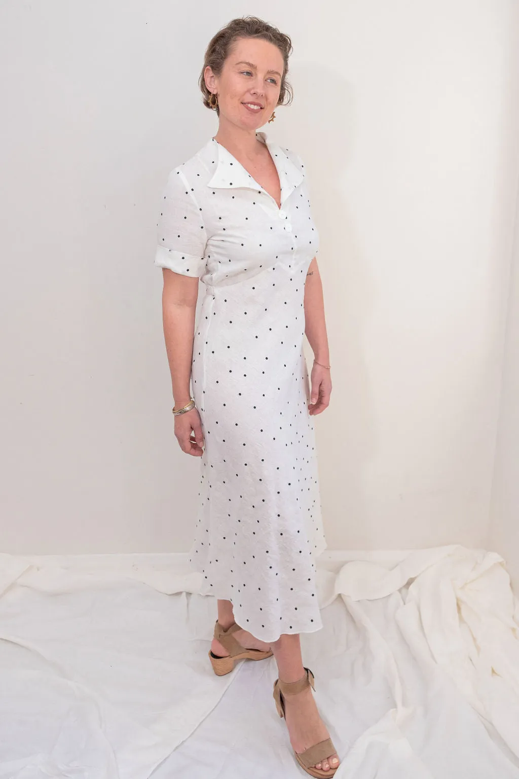 Julietta Dress - White   navy embroidered dots