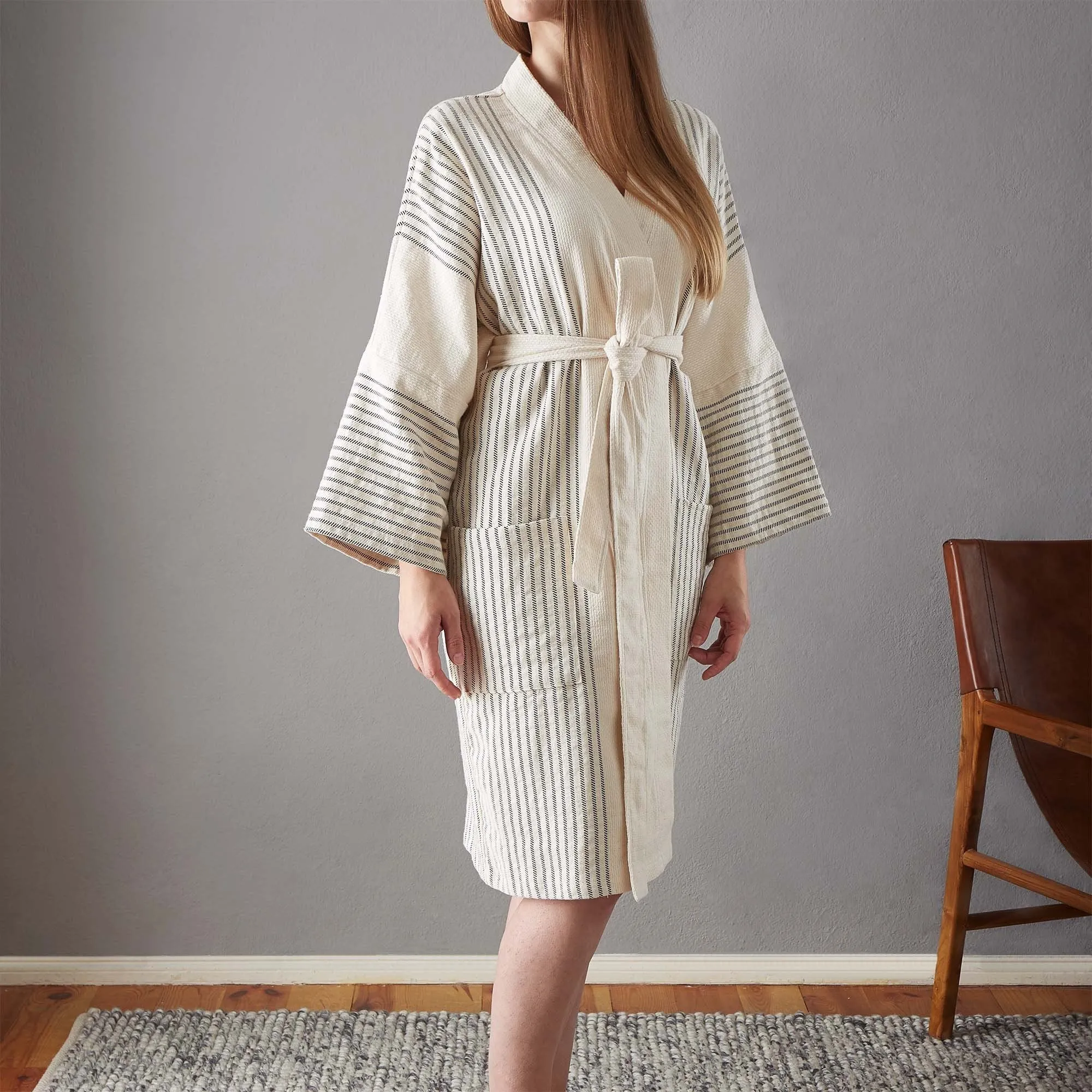 Kadan european linen Bathrobe [Cream/Black]