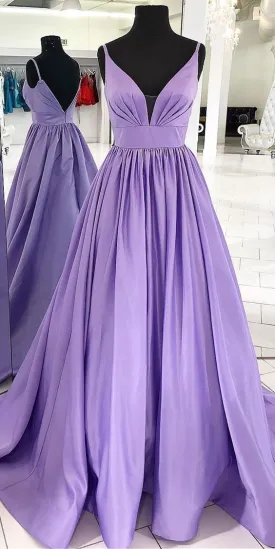 kamahe Straps V Neck Satin Maxi Prom Dress Lavender Formal Evening Gown