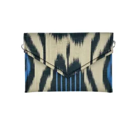 Kenan Silk Ikat Stadium Clutch - Ivory, Black, Blue