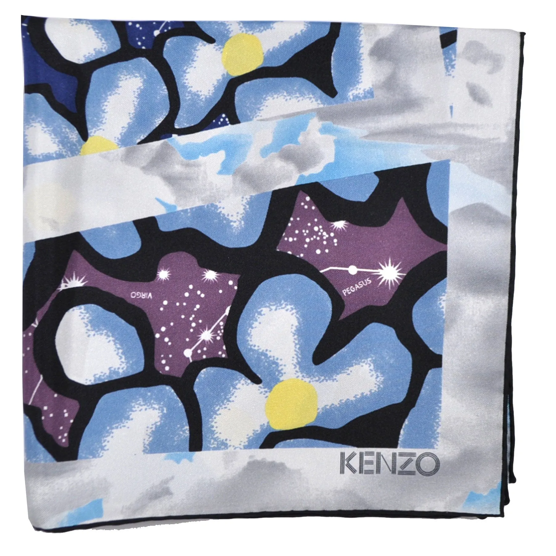 Kenzo Scarf Midnight Blue Floral Horoscope Print Silk Large Square Scarf SALE