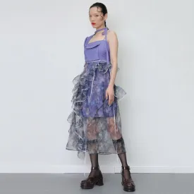 Keomi Printed Mesh Ruffle Irregular Skirt