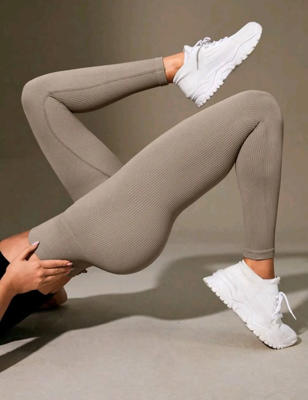 Khaki High Waisted Ribbed Leggings