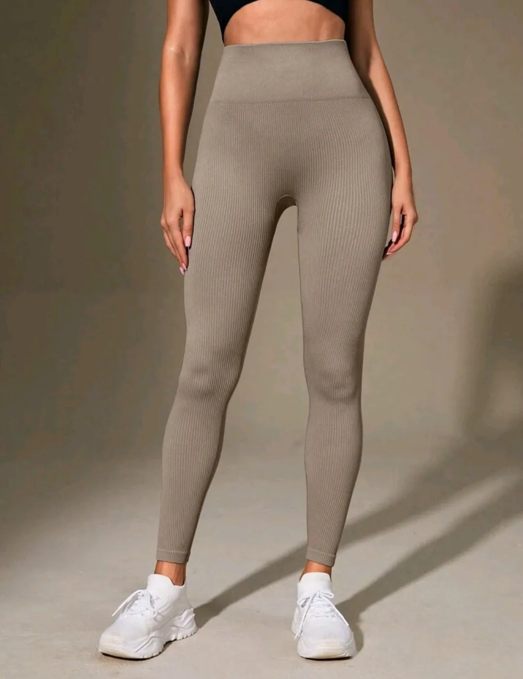 Khaki High Waisted Ribbed Leggings