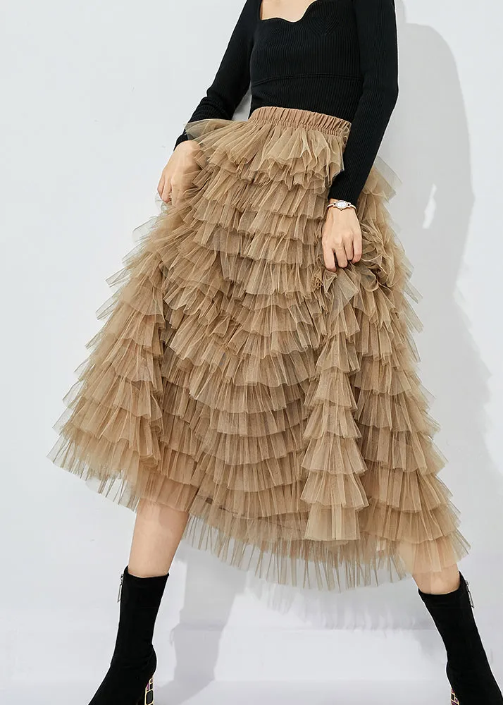 Khaki Layered Tulle A Line Skirt Exra Large Hem Summer LY0842