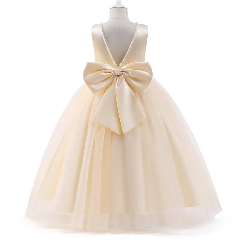 Kids Girls Elegant Big Bow Dress Teen Girl White First Communion Ceremony Long Robe Dress - KGD8337