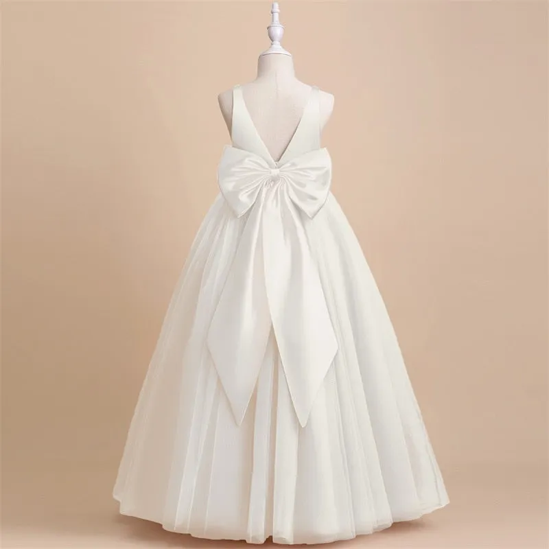 Kids Girls Elegant Big Bow Dress Teen Girl White First Communion Ceremony Long Robe Dress - KGD8337