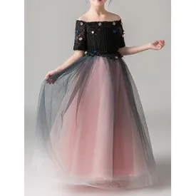 Kids Girls Fabulous Off-Neck Off-Shoulder Sleeve Large Swing Fascinating Party Evening Dress - C3996UKGD