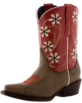 Kids Red & Brown Western Cowboy Boots Floral Leather - Snip Toe